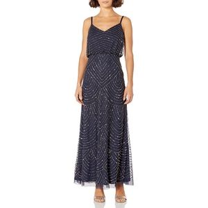 Adrianna Papell Art Deco V- Neck Back Zipper Sleeveless Beaded Long Dress NWT